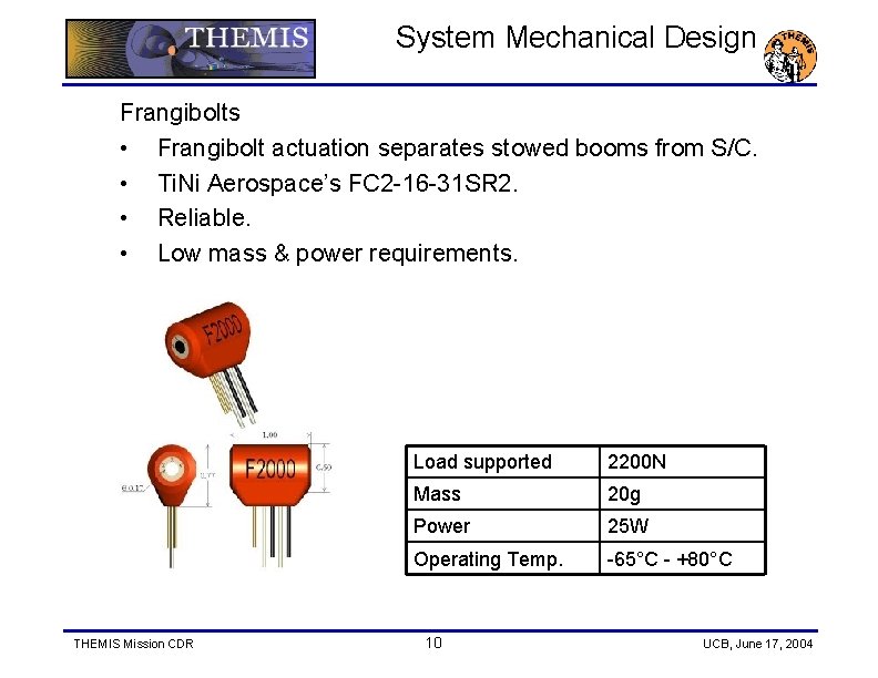 System Mechanical Design Frangibolts • Frangibolt actuation separates stowed booms from S/C. • Ti.