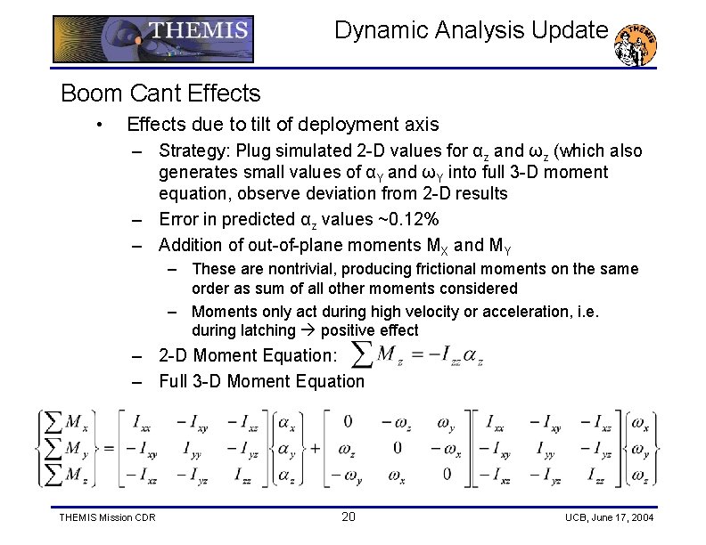 Dynamic Analysis Update Boom Cant Effects • Effects due to tilt of deployment axis