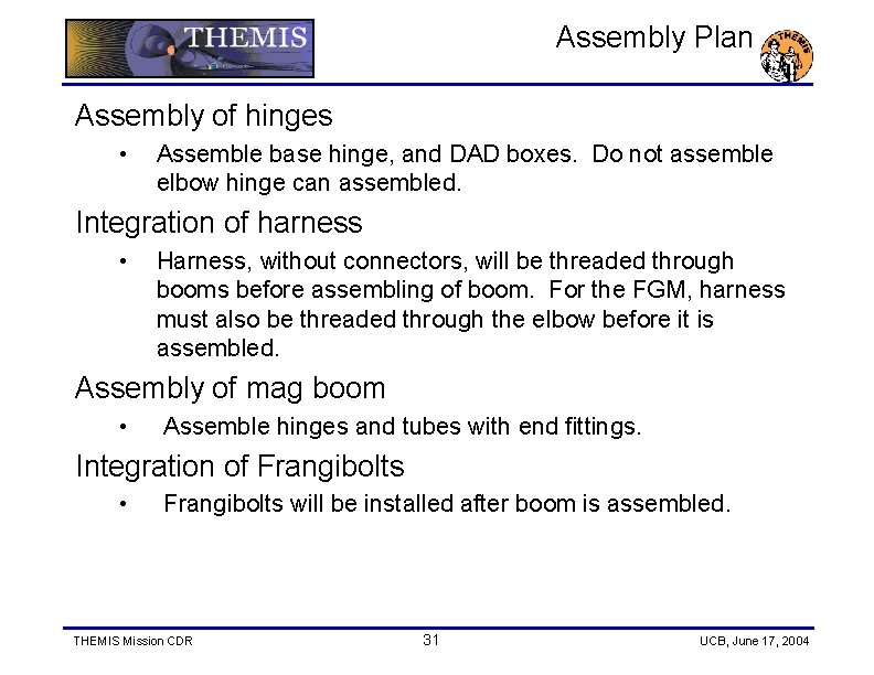 Assembly Plan Assembly of hinges • Assemble base hinge, and DAD boxes. Do not