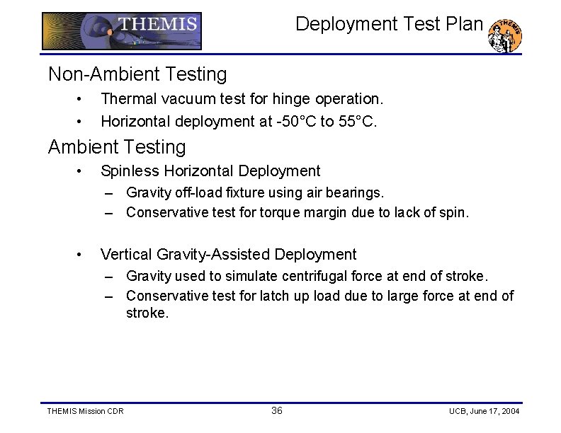 Deployment Test Plan Non-Ambient Testing • • Thermal vacuum test for hinge operation. Horizontal