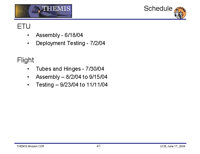 Schedule ETU • • Assembly - 6/18/04 Deployment Testing - 7/2/04 Flight • •