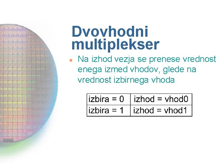 Dvovhodni multiplekser n Na izhod vezja se prenese vrednost enega izmed vhodov, glede na