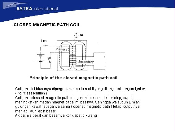 CLOSED MAGNETIC PATH COIL Coil jenis ini biasanya dipergunakan pada mobil yang dilengkapi dengan
