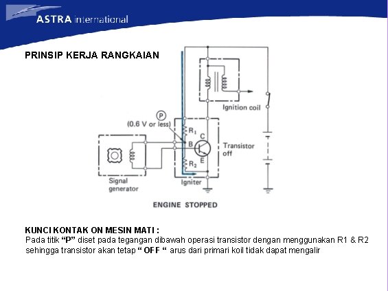 PRINSIP KERJA RANGKAIAN KUNCI KONTAK ON MESIN MATI : Pada titik “P” diset pada