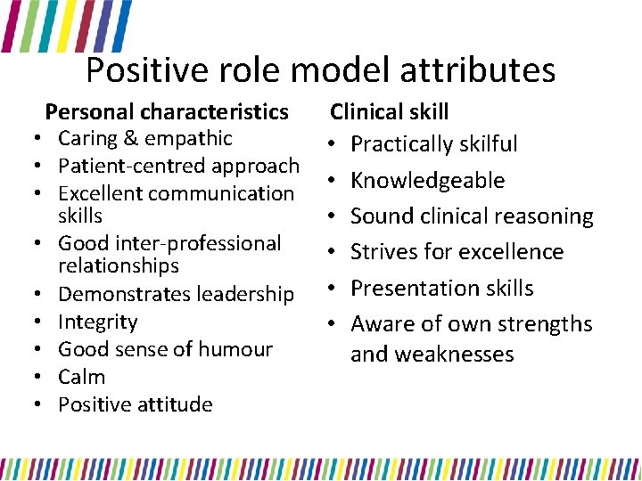 Positive role model attributes Personal characteristics • Caring & empathic • Patient-centred approach •