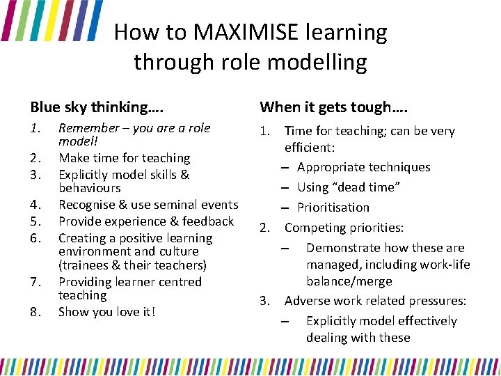 How to MAXIMISE learning through role modelling Blue sky thinking…. When it gets tough….