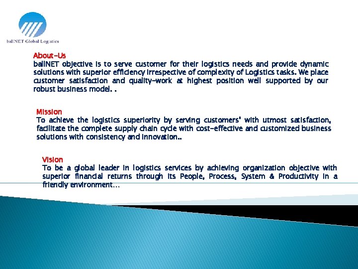 About-Us ball. NET objective is to serve customer for their logistics needs and provide