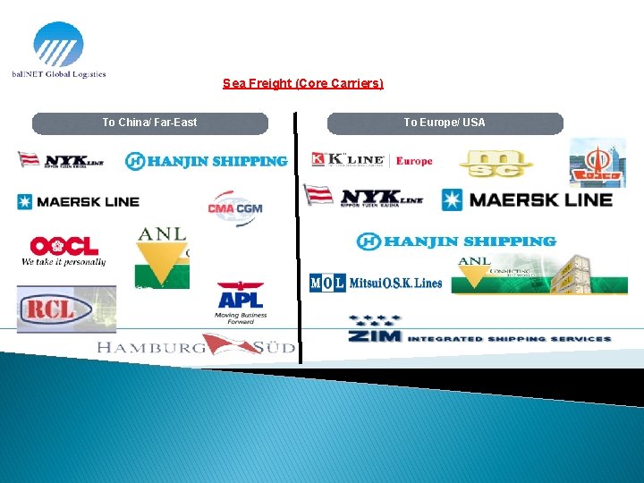 Sea Freight (Core Carriers) To China/ Far-East To Europe/ USA 