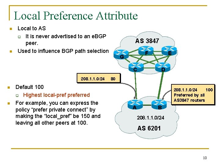 Local Preference Attribute n n Local to AS q It is never advertised to