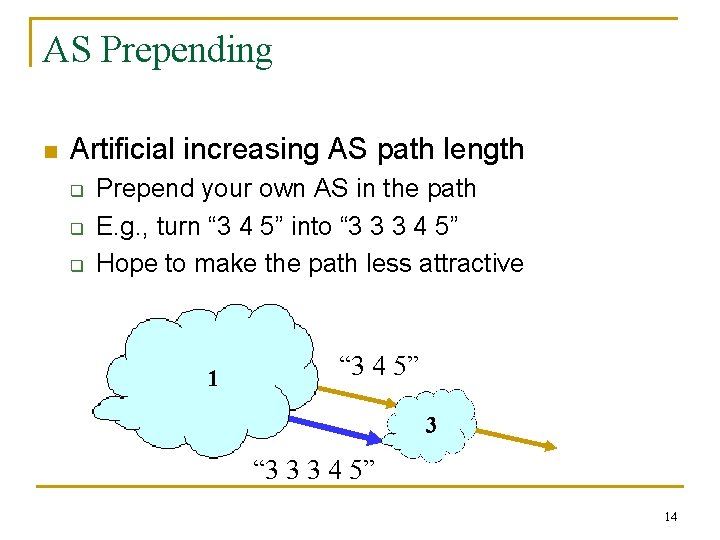 AS Prepending n Artificial increasing AS path length q q q Prepend your own