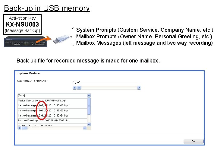 Back-up in USB memory Activation Key KX-NSU 003 (Message Backup) System Prompts (Custom Service,