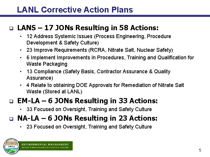 LANL Corrective Action Plans q LANS – 17 JONs Resulting in 58 Actions: •