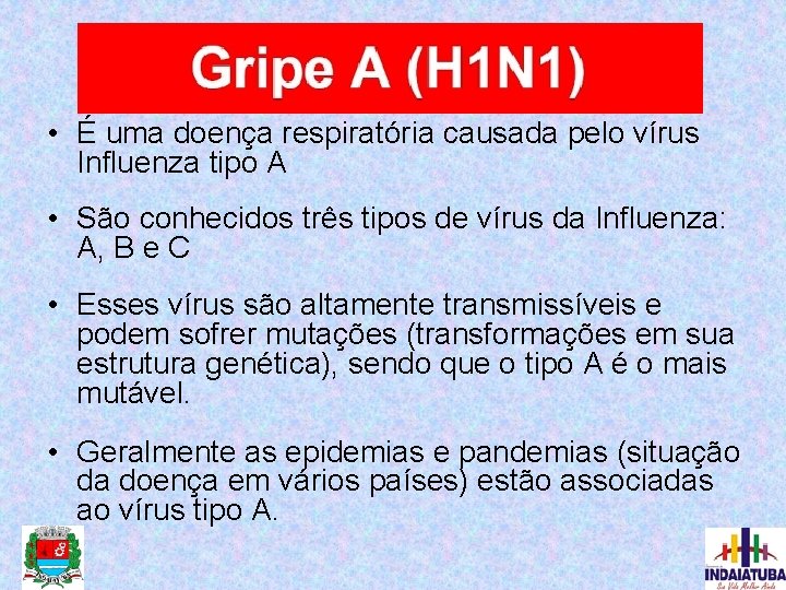  • É uma doença respiratória causada pelo vírus Influenza tipo A • São