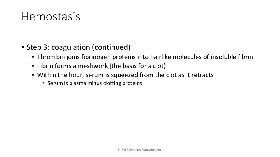 Hemostasis • Step 3: coagulation (continued) • Thrombin joins fibrinogen proteins into hairlike molecules