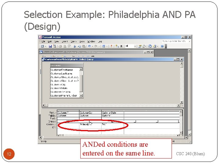 Selection Example: Philadelphia AND PA (Design) 12 ANDed conditions are entered on the same