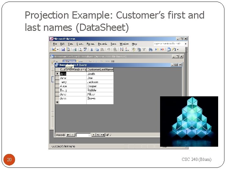 Projection Example: Customer’s first and last names (Data. Sheet) 20 CSC 240 (Blum) 