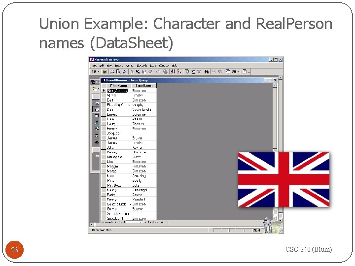 Union Example: Character and Real. Person names (Data. Sheet) 26 CSC 240 (Blum) 