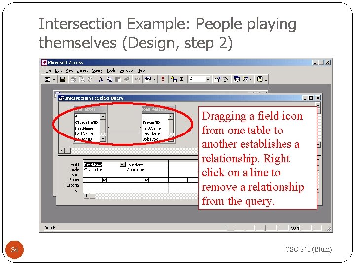 Intersection Example: People playing themselves (Design, step 2) Dragging a field icon from one