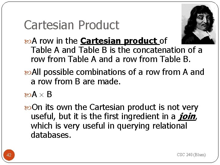 Cartesian Product A row in the Cartesian product of Table A and Table B