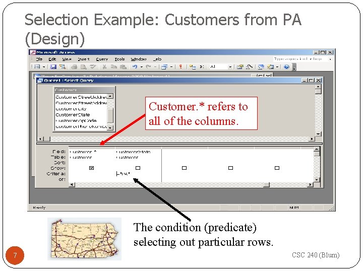 Selection Example: Customers from PA (Design) Customer. * refers to all of the columns.