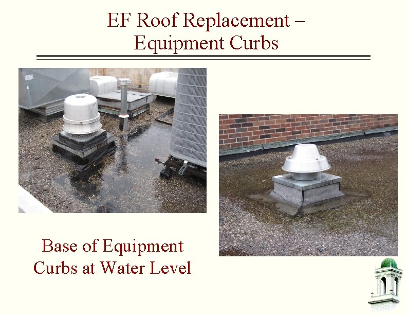 EF Roof Replacement – Equipment Curbs Base of Equipment Curbs at Water Level 