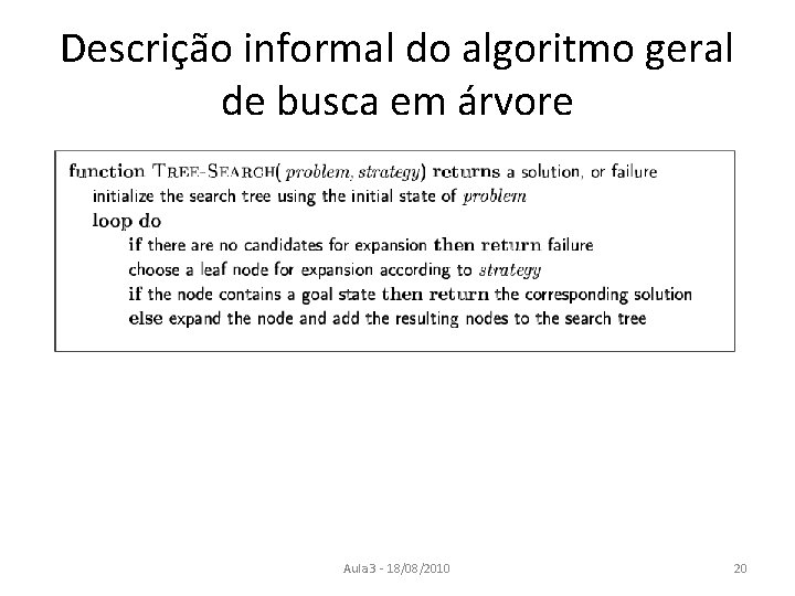 Descrição informal do algoritmo geral de busca em árvore Aula 3 - 18/08/2010 20