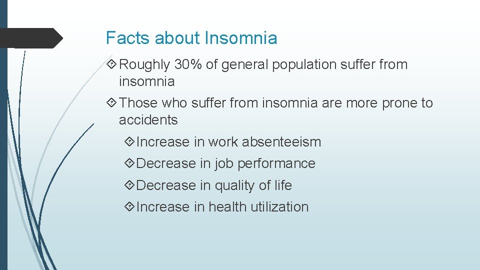 Facts about Insomnia Roughly 30% of general population suffer from insomnia Those who suffer