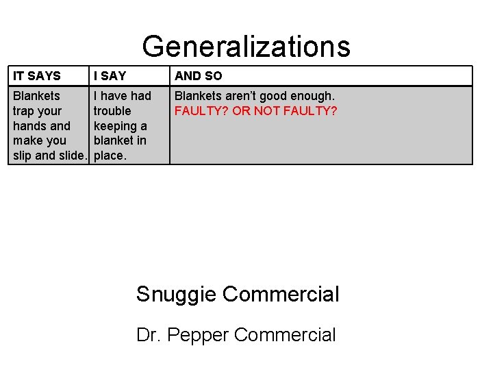 Generalizations IT SAYS I SAY AND SO Blankets trap your hands and make you