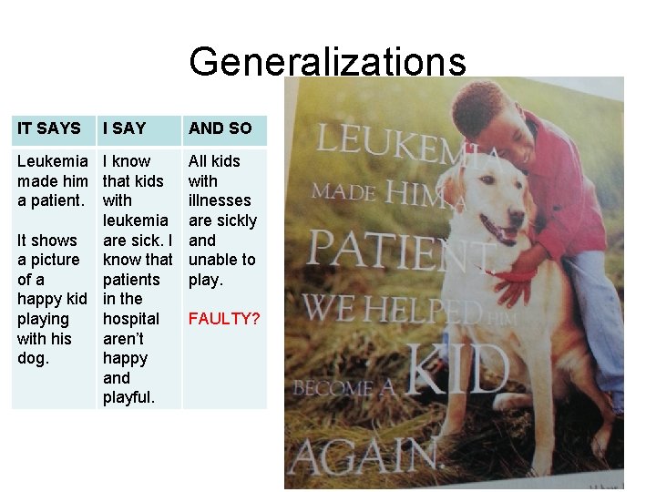 Generalizations IT SAYS I SAY Leukemia I know made him that kids a patient.