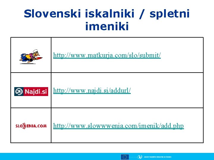 Slovenski iskalniki / spletni imeniki http: //www. matkurja. com/slo/submit/ http: //www. najdi. si/addurl/ http: Slovenski iskalniki / spletni imeniki http: //www. matkurja. com/slo/submit/ http: //www. najdi. si/addurl/ http: