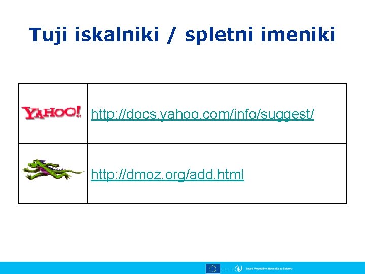 Tuji iskalniki / spletni imeniki http: //docs. yahoo. com/info/suggest/ http: //dmoz. org/add. html Tuji iskalniki / spletni imeniki http: //docs. yahoo. com/info/suggest/ http: //dmoz. org/add. html