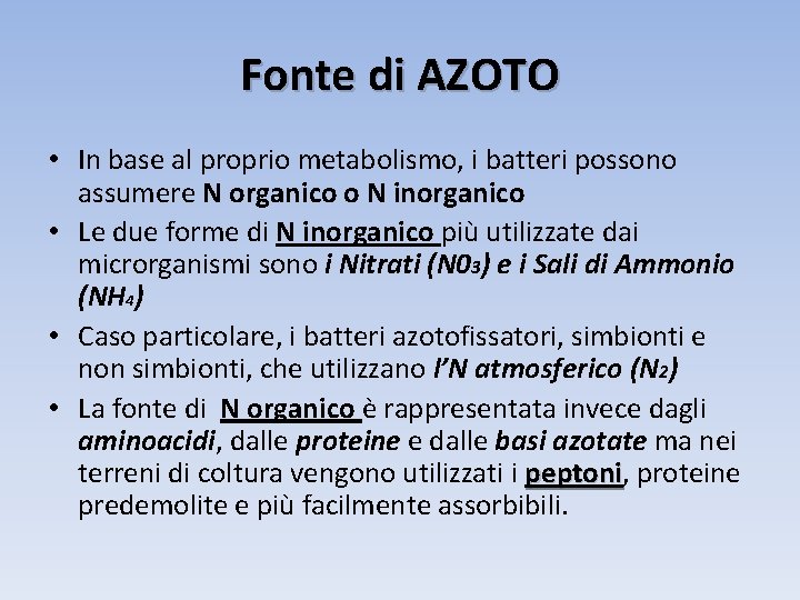 Fonte di AZOTO • In base al proprio metabolismo, i batteri possono assumere N