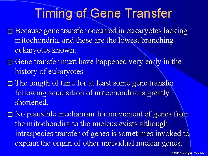 Timing of Gene Transfer � Because gene transfer occurred in eukaryotes lacking mitochondria, and