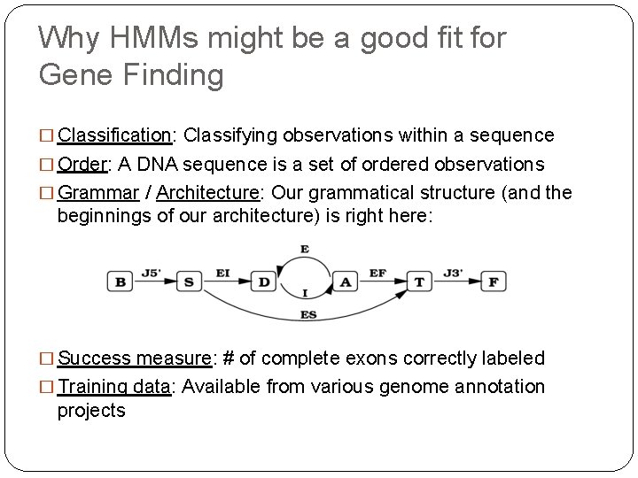 Why HMMs might be a good fit for Gene Finding � Classification: Classifying observations Why HMMs might be a good fit for Gene Finding � Classification: Classifying observations