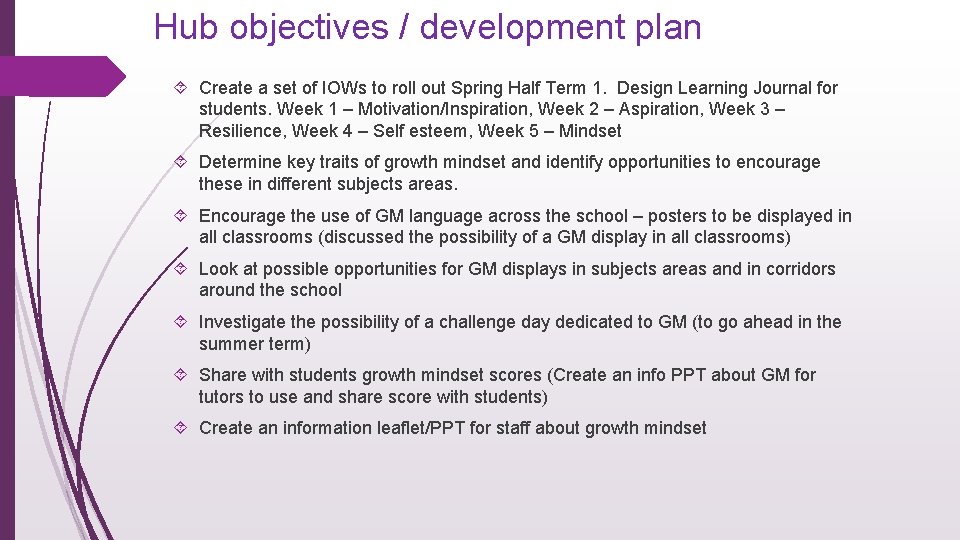 Hub objectives / development plan Create a set of IOWs to roll out Spring