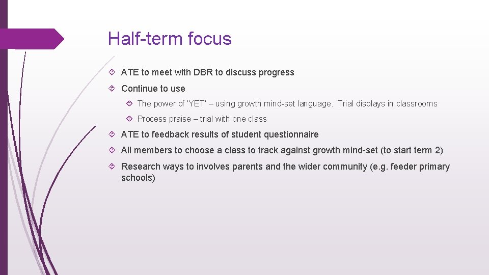 Half-term focus ATE to meet with DBR to discuss progress Continue to use The