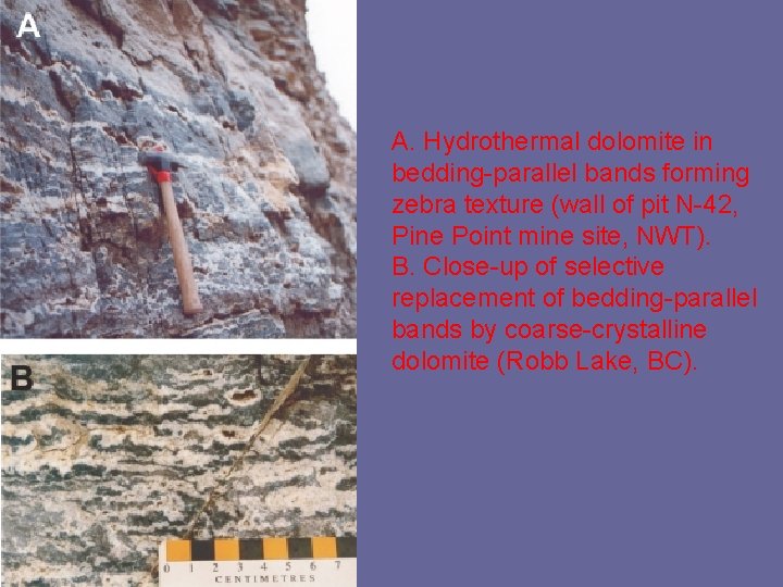 A. Hydrothermal dolomite in bedding-parallel bands forming zebra texture (wall of pit N-42, Pine