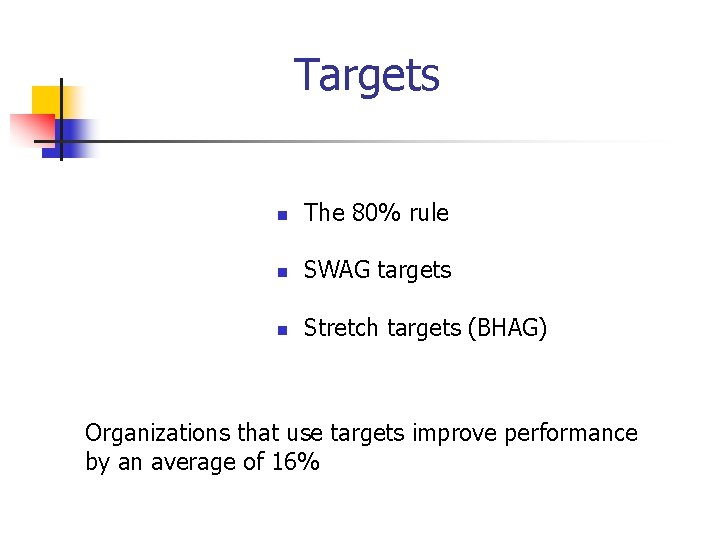 Targets n The 80% rule n SWAG targets n Stretch targets (BHAG) Organizations that