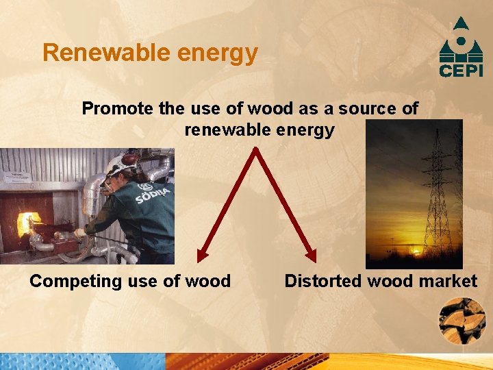 Renewable energy Promote the use of wood as a source of renewable energy Competing