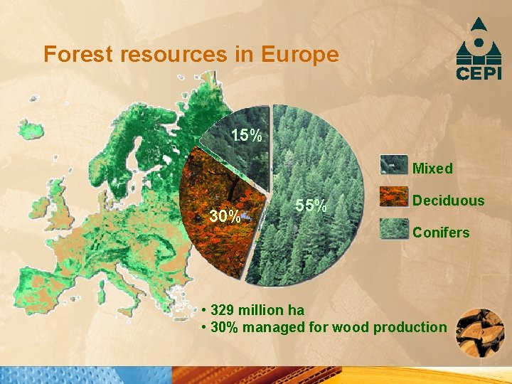 Forest resources in Europe 15% Mixed 30% 55% Deciduous Conifers • 329 million ha