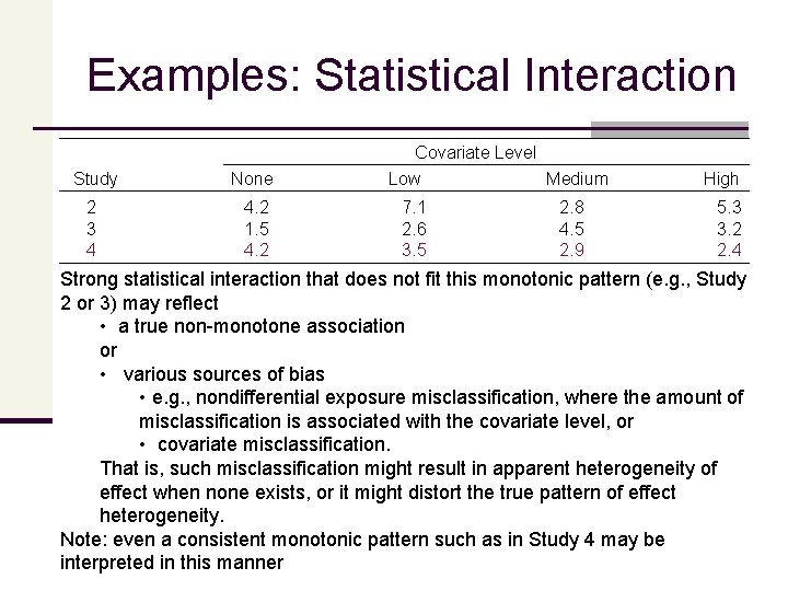 Examples: Statistical Interaction Study None 2 3 4 4. 2 1. 5 4. 2