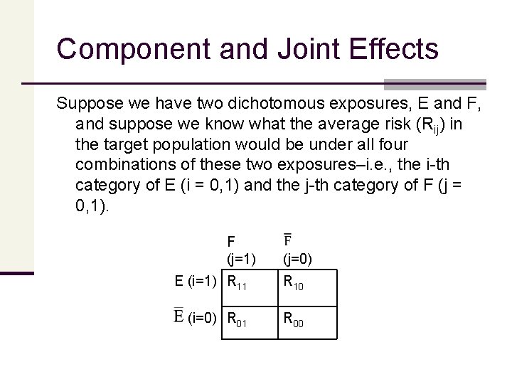 Component and Joint Effects Suppose we have two dichotomous exposures, E and F, and
