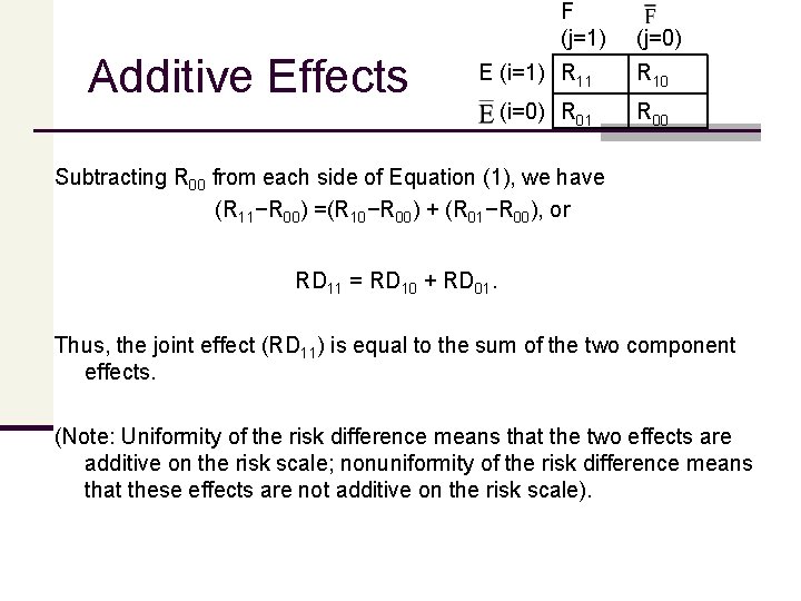 Additive Effects F (j=1) (j=0) E (i=1) R 11 R 10 (i=0) R 01