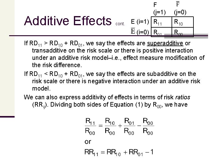 Additive Effects F (j=1) cont. (j=0) E (i=1) R 11 R 10 (i=0) R