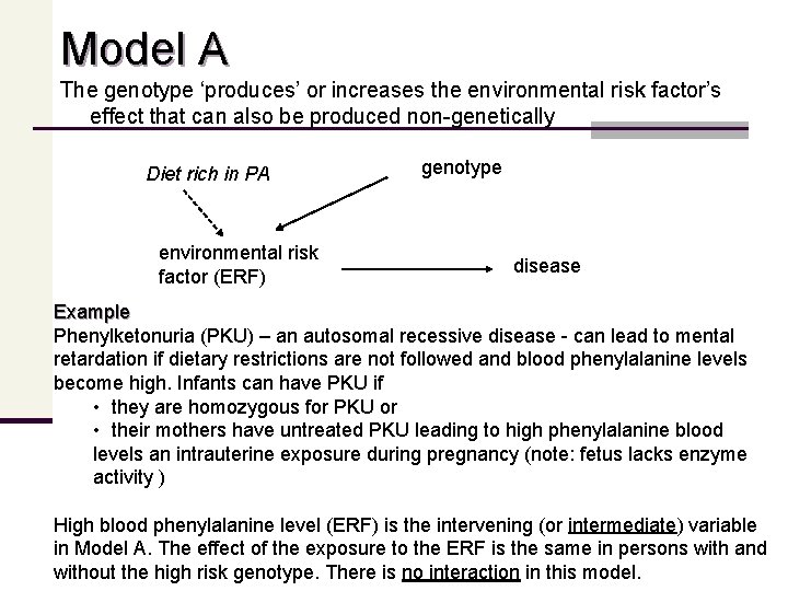 Model A The genotype ‘produces’ or increases the environmental risk factor’s effect that can
