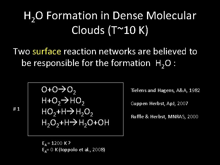 H 2 O Formation in Dense Molecular Clouds (T~10 K) Two surface reaction networks