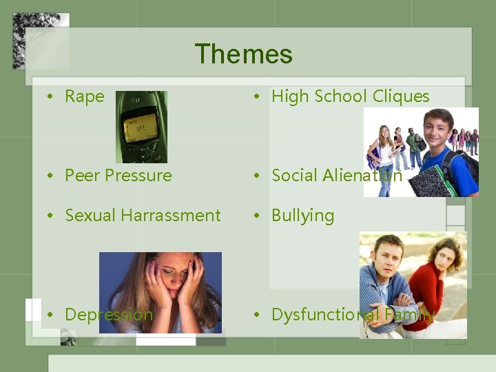 Themes • Rape • High School Cliques • Peer Pressure • Social Alienation •