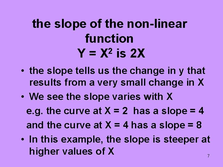 the slope of the non-linear function Y = X 2 is 2 X •