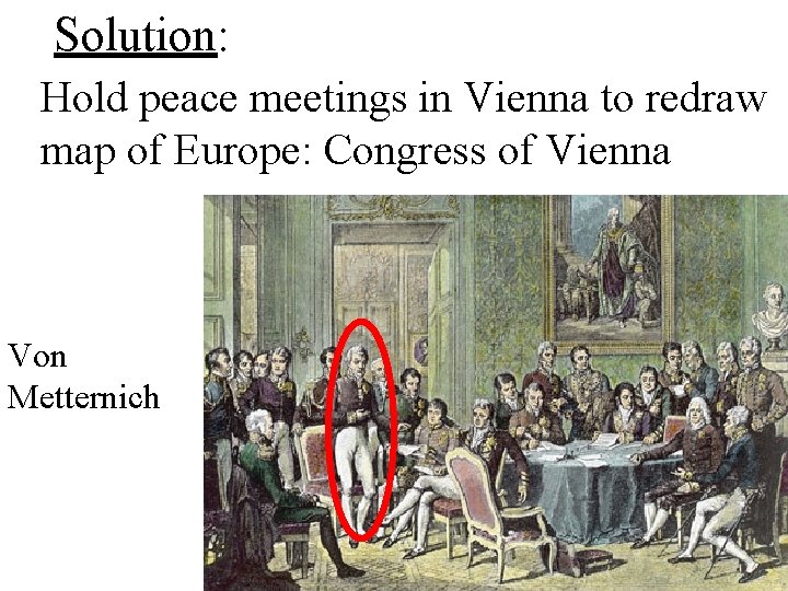 Solution: Hold peace meetings in Vienna to redraw map of Europe: Congress of Vienna