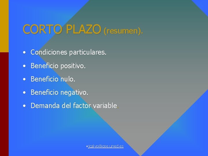 CORTO PLAZO (resumen). • Condiciones particulares. • Beneficio positivo. • Beneficio nulo. • Beneficio